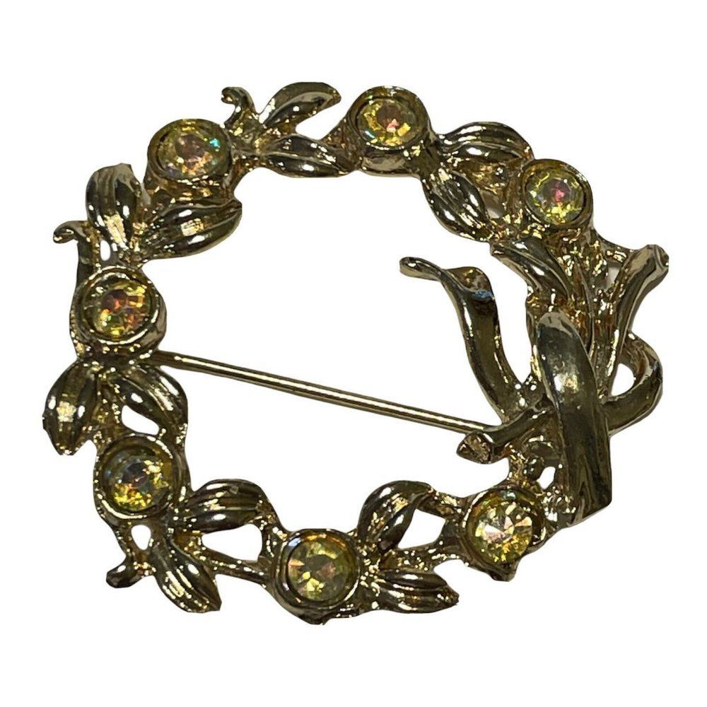 vintage point pin Rollover Clasp brooch Rhinestone and Wreath present holiday